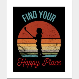 Find Your Happy Place - Child Golfer Silhouette over Retro Sunset Posters and Art